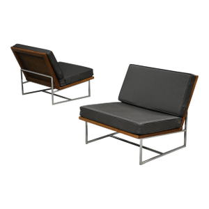 1970s Grey Beige Leather Lounge Chairs - A Pair