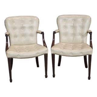 Pair of Late 20th Century Hickory Chair Mahogany Tufted Yellow Leather Open Arm Chairs For Sale