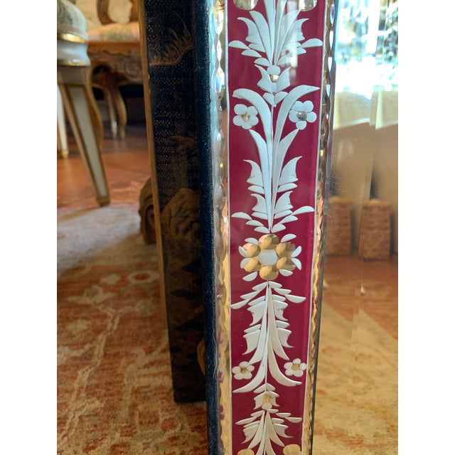 Small Venetian Red Cut to Clear Glass Mirror With Engraved Designs For Sale - Image 9 of 11