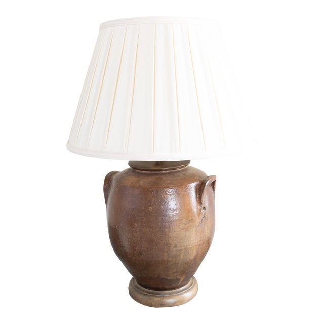 Vintage Stone Jar Table Lamp With New Shade For Sale