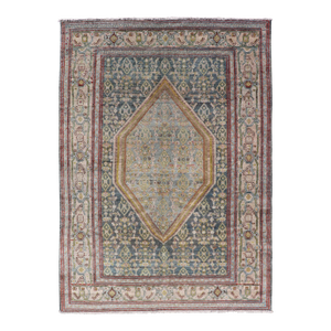 Antique Persian Senneh Rug With Soft Blue Field and Geometric Medallion