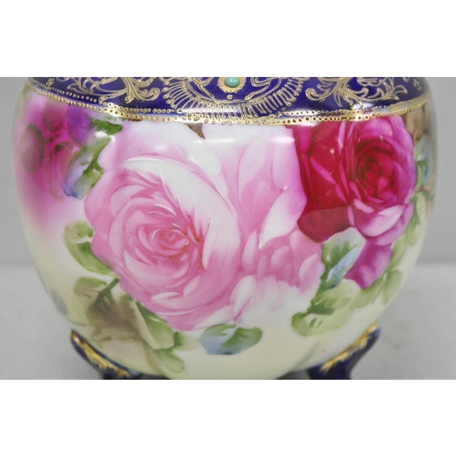 Victorian Antique Nippon Hand Painted Moriage Pink Rose Porcelain Biscuit Jar Vase For Sale - Image 3 of 16