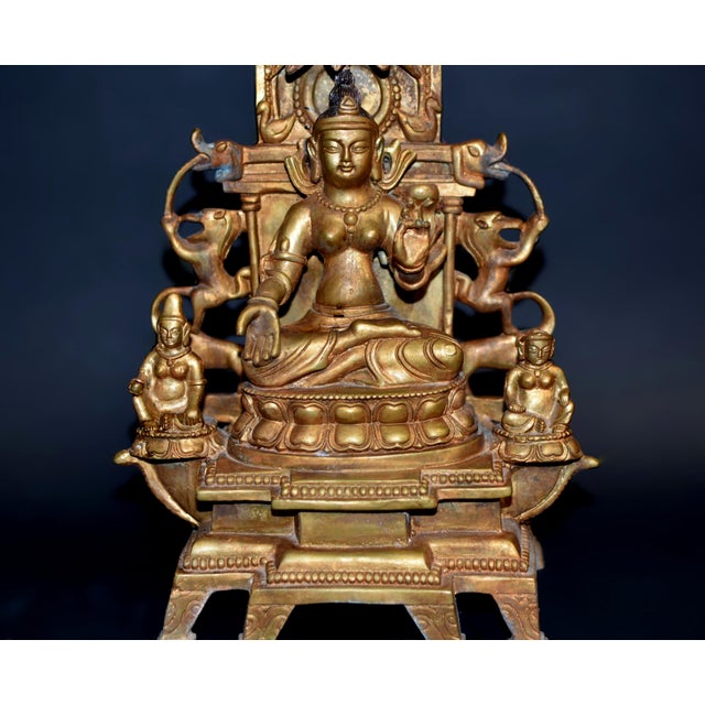 Metal Gilt Bronze Tibetan Buddha Under Bodhi Tree For Sale - Image 7 of 16