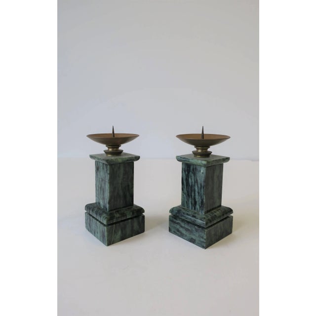 Metal Neoclassical Dark Green Marble and Brass Column Candlestick Holders, Pair For Sale - Image 7 of 11