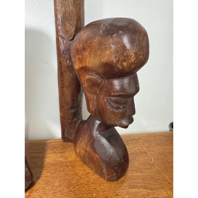 Vintage African Hand Carved Wood Couple Bust Bookends Tribal Folk Art 12" For Sale - Image 11 of 15