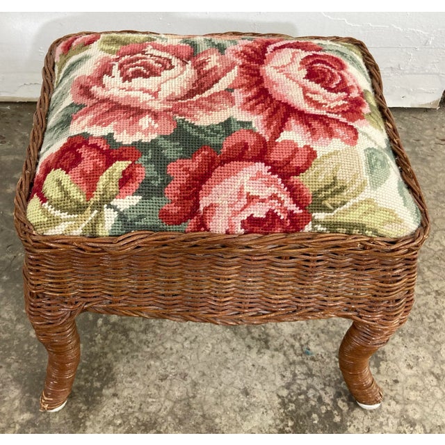 Vintage Wicker Stool With Floral Needlepoint For Sale - Image 4 of 10