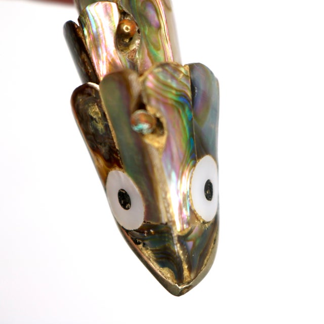 Mexican Mid-Century Mexican Miniature Articulated Brass & Abalone Fish Bottle Opener/Pocket Charm For Sale - Image 3 of 8