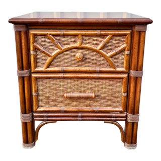 Henry Link Woven Wicker Rattan and Faux Bamboo Sunburst 2 Drawer Bedside Table For Sale