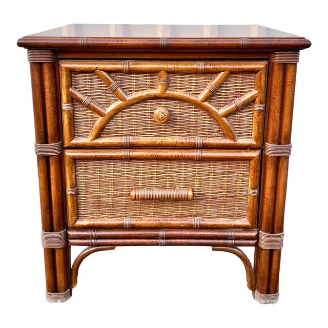 Henry Link Woven Wicker Rattan and Faux Bamboo Sunburst 2 Drawer Bedside Table For Sale