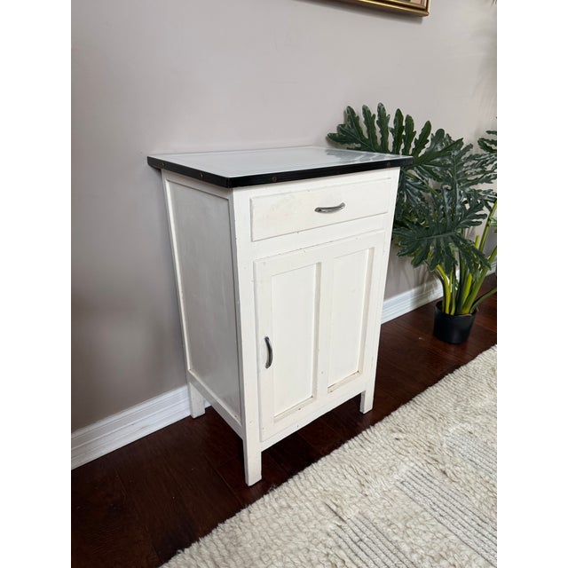 Wood Antique Early 1900s White Painted Small Cabinet With Enamel Metal Top For Sale - Image 7 of 11
