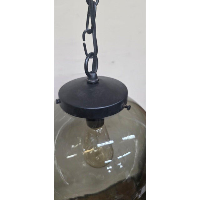1970s Mid Century Modern Smoked Glass Globe Pendant Light, Black Metal, Ceiling Fixture For Sale - Image 4 of 13