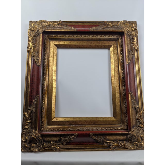Ornate Red and Antique Gold Gilt Wood Picture Frame With Baroque-Style Relief For Sale - Image 12 of 12