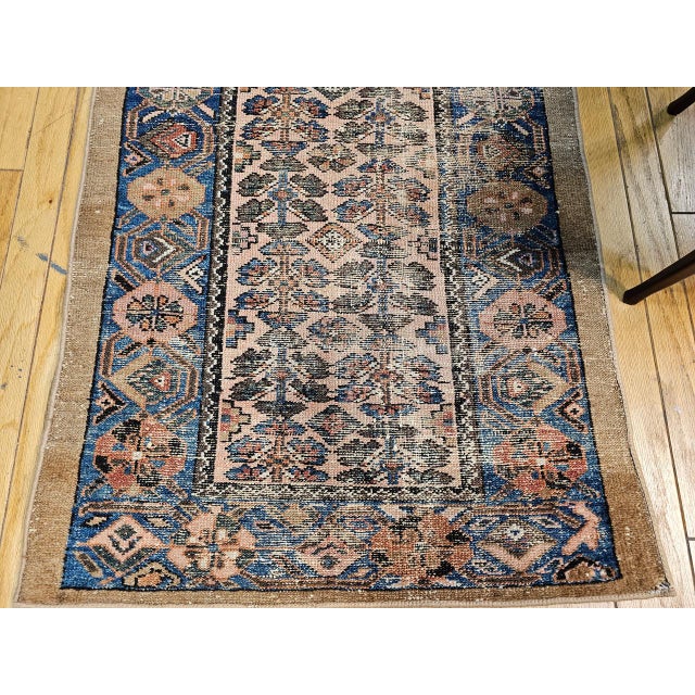 1900 - 1909 Vintage Persian Malayer Area Rug, Hand-Knotted Wool, Allover Geometric Design, Camelhair & Blue, 3x6 For Sale - Image 5 of 13