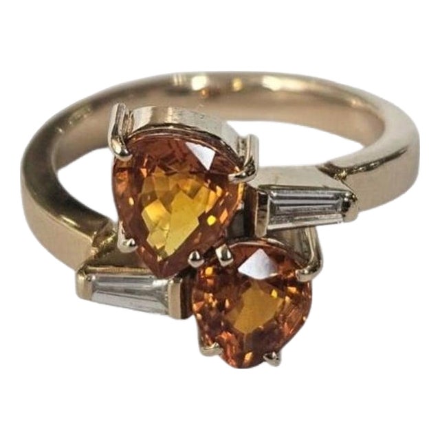 Set in 18k Gold, Orange Sapphire & Tapered Baguette Diamond Engagement Ring, Size 6 For Sale