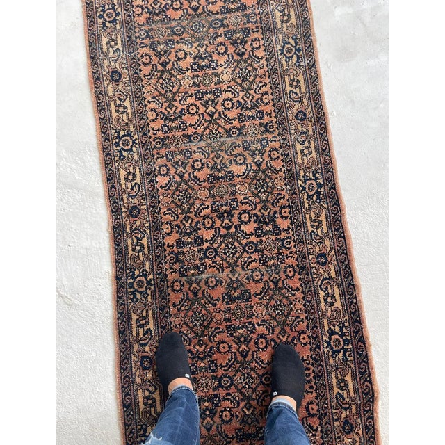 1940s Coral & Glowinng Blush with Indigo & Army Green Runner Rug 2.8 x 19.7 For Sale - Image 9 of 12