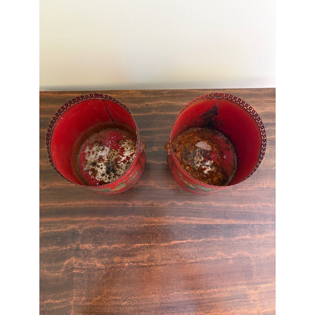 Pair of Antique French Neoclassical Red & Gold Tole Cachepot With Lion Heads For Sale - Image 10 of 10