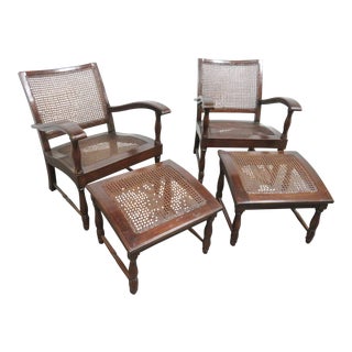 French Style Mahogany Lounge Chairs & Ottomans- 4 Pieces For Sale