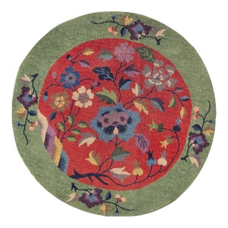 1920s Antique Red Floral Green Border Chinese Knotted Art Deco Wool Round Rug For Sale