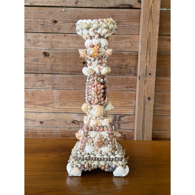 Vintage Handcrafted Coastal Seashell Encrusted Wood Pedestal Candleholder For Sale - Image 10 of 12