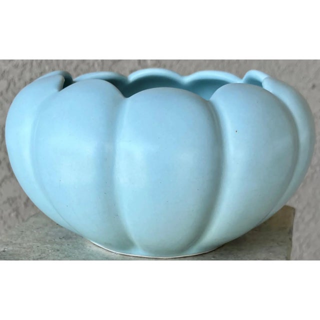 Baby Blue Circa 1950 Camark Pottery Style# 620 Earthenware Matte Bluish-Green Lotus Cachepot For Sale - Image 8 of 9