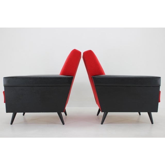 Textile Set of Leatherette and Red Fabric Armchairs, Czechoslovakia, 1970s For Sale - Image 7 of 15