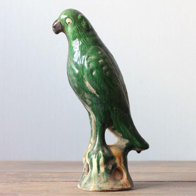 Green Pair of Vintage Green Glazed Parrot Figures – 10.6" Ceramic Bird Sculptures For Sale - Image 8 of 8