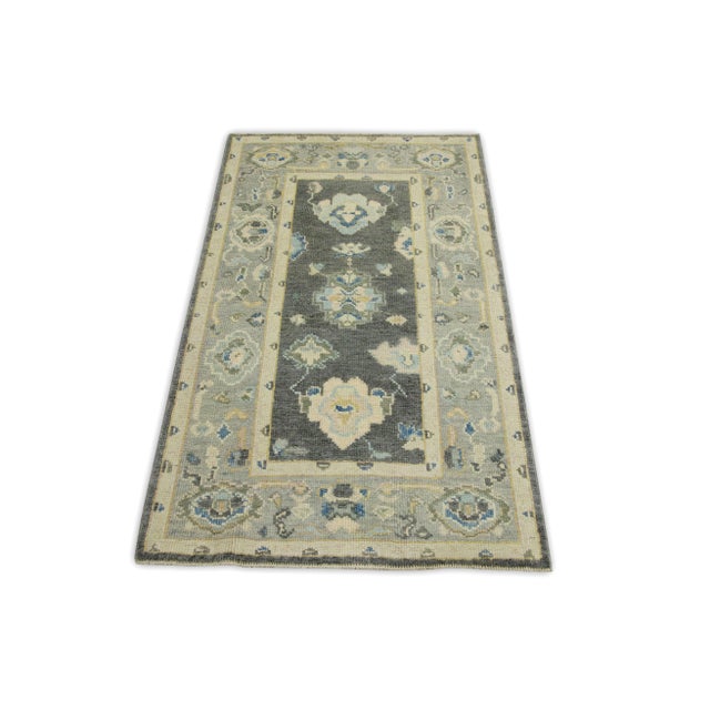 Early 21st Century Gray Floral Design Handwoven Wool Turkish Oushak Rug 2'11" X 4'9" For Sale - Image 4 of 6