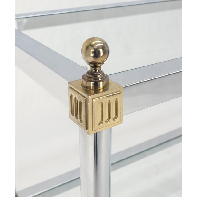 Two Tier Italian Glass Shelve Chrome 7 Brass 60" Console Sofa Table Finials MINT!