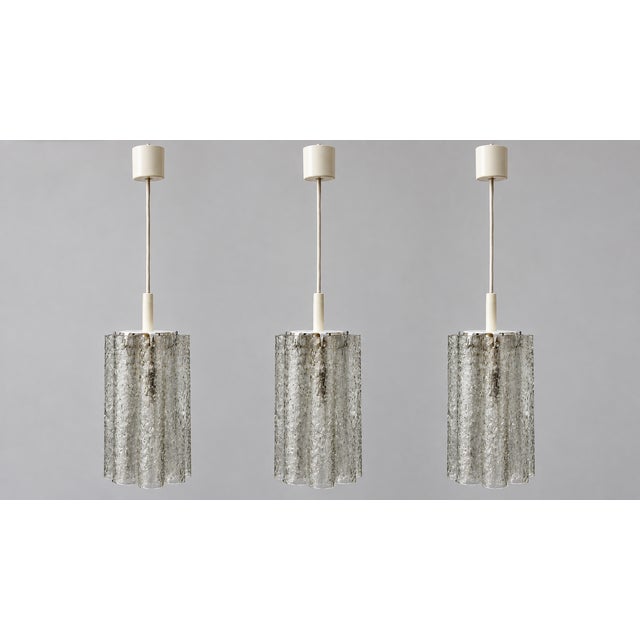 Beige Mid-Century Ice Glass Pendant Lights from Doria Leuchten, Germany, 1960, Set of 3 For Sale - Image 8 of 8