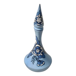 Vintage Hand-Painted Blue Ceramic Decanter With Spire Stopper For Sale