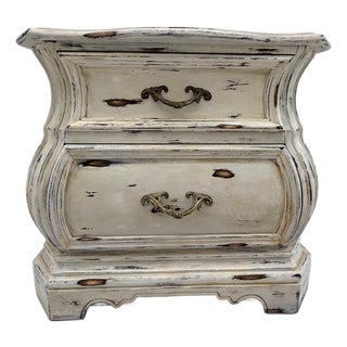 Vintage French Provincial Bombé Marble-Top Chest / Distressed Louis XV Style 2-Drawer Commode For Sale
