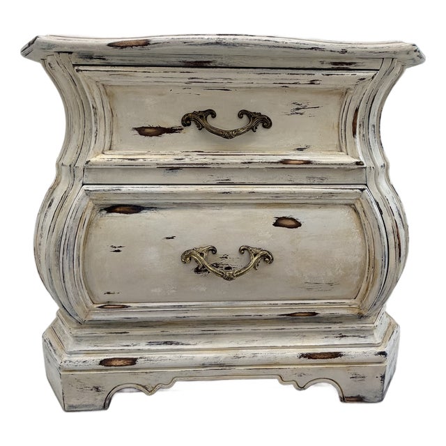 Vintage French Provincial Bombé Marble-Top Chest / Distressed Louis XV Style 2-Drawer Commode For Sale