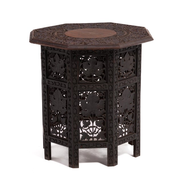 Anglo Indian Teak Octagonal Folding Side Tea Table Hand Carved Campaign Original Finish 1900 For Sale In Philadelphia - Image 6 of 18