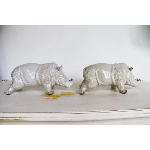 French Glazed Earthenware Rhinoceros Figurines - a Pair For Sale - Image 6 of 13