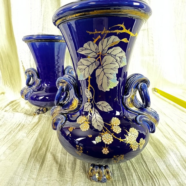 Late 19th Century Late 19th Century Pair Victorian Cobalt Blue Jardinière Vases W/ Ring Handles & Paw Feet For Sale - Image 5 of 15