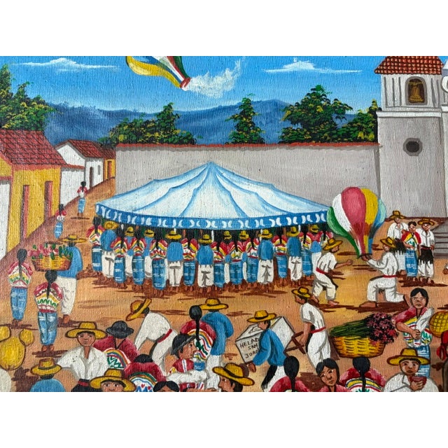 Blue Detailed Latino Folk Art Comalapa School Movement - Painting of the Fiesta De Comalapa, Signed For Sale - Image 8 of 11