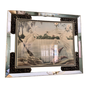 Vintage 1940s Turner Manufacturing Egret Lithograph — Art Deco Mirrored Frame, Tropical Bird Wall Art