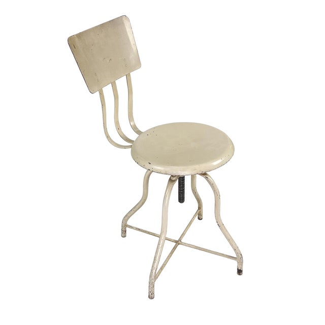 Antique 1920s Industrial Adjustable Off-White Enameled Steel Operating Room Medical Metal Stool Chair With Contoured Back For Sale - Image 4 of 10