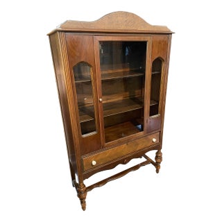 Mid 20th Century Walnut China Cabinet W/ One Drawer For Sale