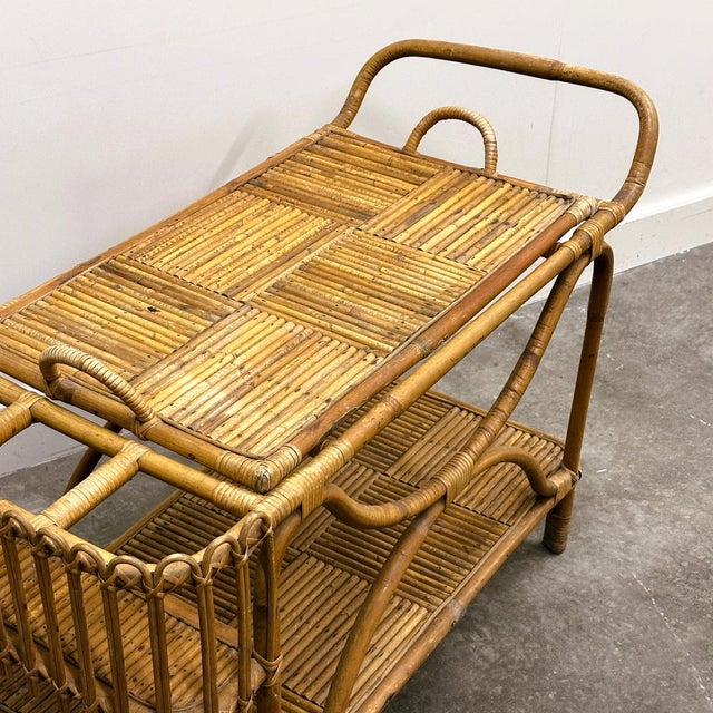 Blue Large French Riviera Rattan Bar Cart with Bottle Holder, 1960s For Sale - Image 8 of 14
