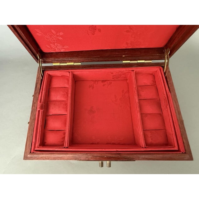 Chinese Asian Wooden Jewelry Box Brass Red Lined Trinket Chest W/Key + Lock Vintage For Sale - Image 4 of 18