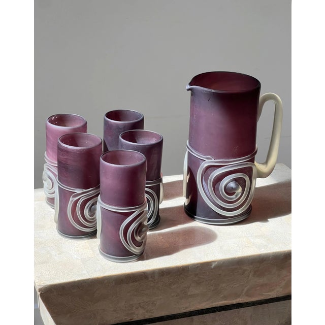Glass Late 20th Century Hand-Blown Purple Art Glass Pitcher And Glasses, 6 Pieces For Sale - Image 7 of 12
