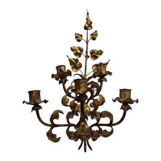 Antique Italian Wall Sconce Candelabra With Gilt Gold Leaf Motif for Five Candles, C. 1920s For Sale
