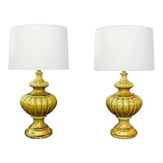 A Large Pair of 1960s Baluster-Form Lobed Chartreuse Drip-Glazed Lamps For Sale