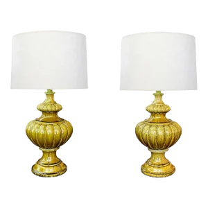A Large Pair of 1960s Baluster-Form Lobed Chartreuse Drip-Glazed Lamps