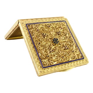 Gold Toiletry Box with Geometric Relief Figures, Enamelled Panel, Chiseled Casing with Cutouts, Mirror and Powder Puff Net For Sale