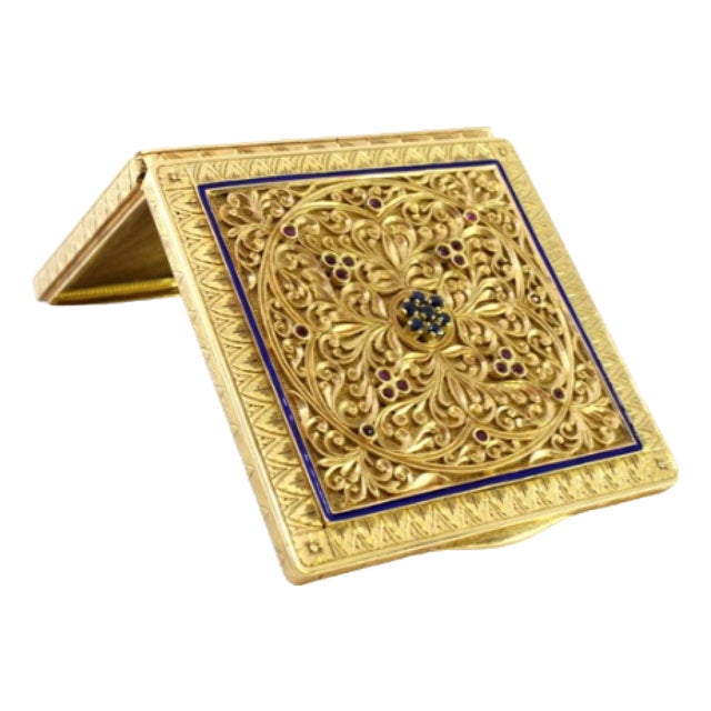 Gold Toiletry Box with Geometric Relief Figures, Enamelled Panel, Chiseled Casing with Cutouts, Mirror and Powder Puff Net For Sale