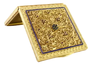 Gold Toiletry Box with Geometric Relief Figures, Enamelled Panel, Chiseled Casing with Cutouts, Mirror and Powder Puff Net