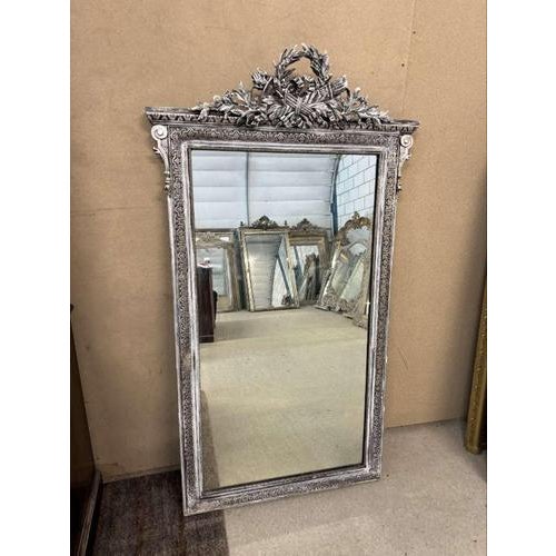 Silver Large 19th Century Antique French Carved Wood and Gesso Silvered Mirror For Sale - Image 8 of 8