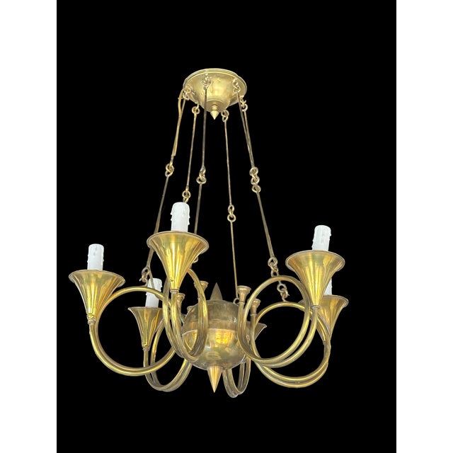 French Phoenix Day French Horn Custom Solid Brass Chandelier For Sale - Image 3 of 11